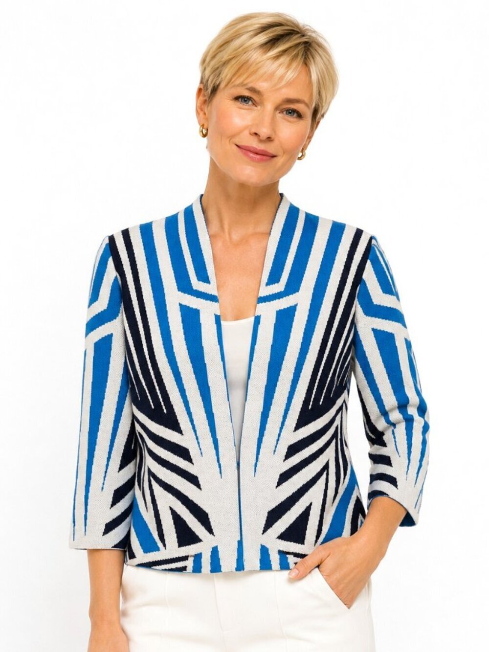 Ming Wang Blue White Abstract Print Knit Jacket